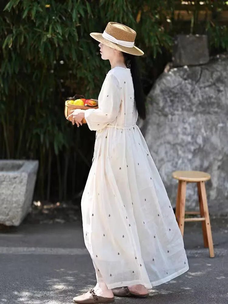 Novo verão algodão linho manga longa vestidos mulher o pescoço bordado solto impressão vestido vintage 2025 primavera confortável n667