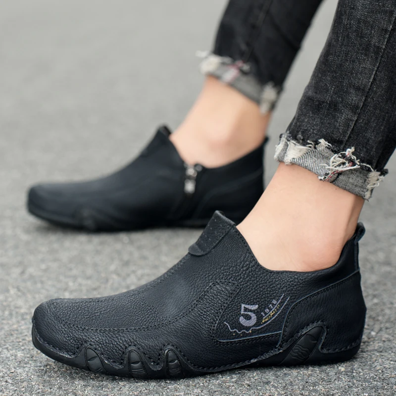 

Plus Size 45 46 47 Handmade Leather Casual Shoes for Men Loafers Man Moccasins Mens Driving Shoe Slip On Flats Zipper Male Shoe