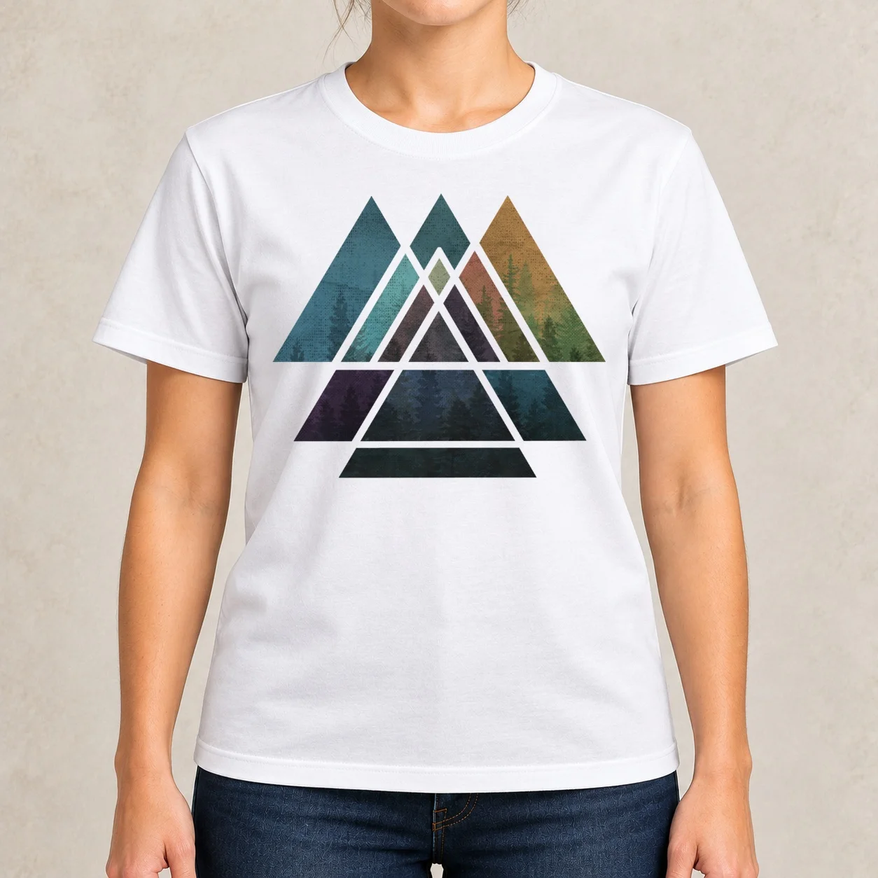 Sacred Geometric Triangles - Colorful Grunge Misty Forest Women T-Shirt sublime oversized funnys Woman clothes