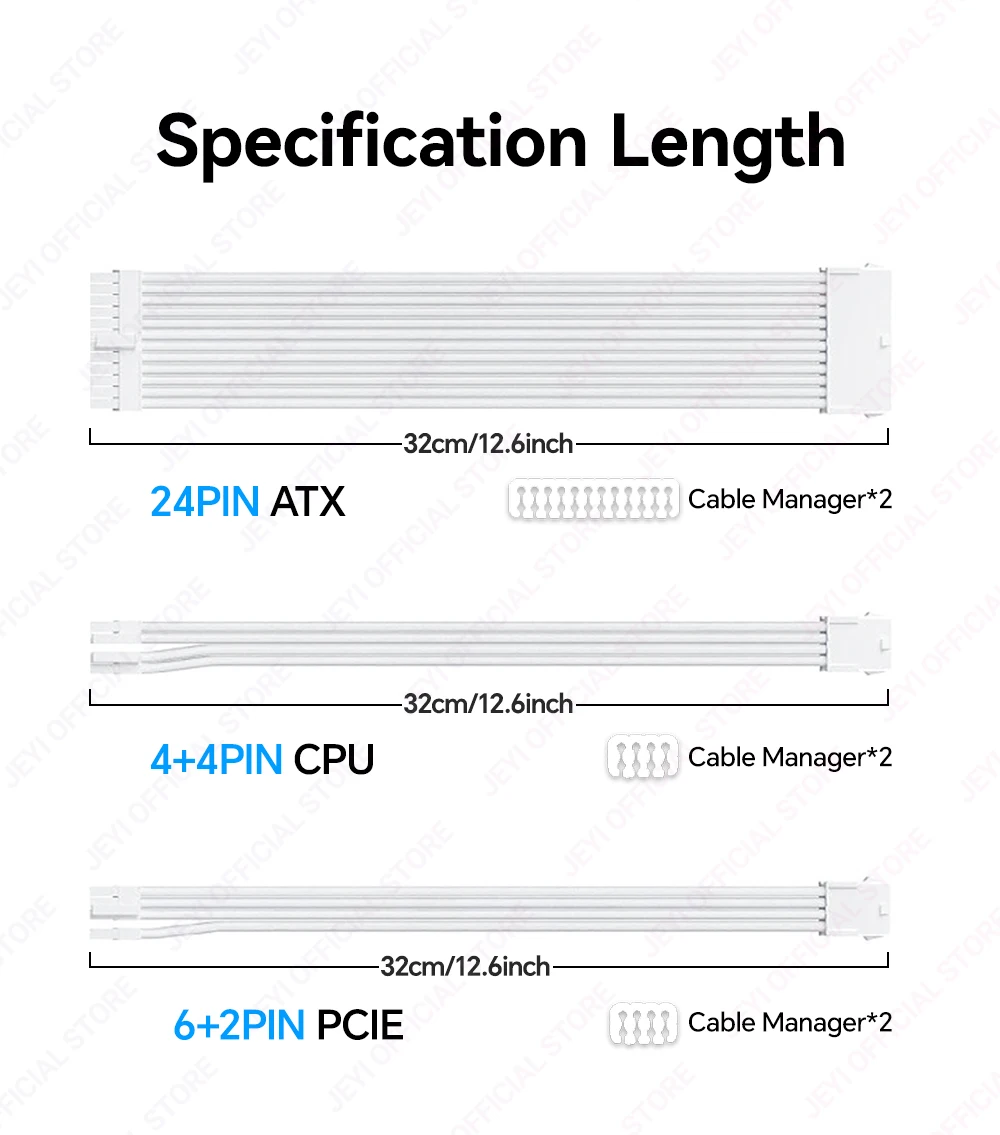 JEYI Netzteil-Verlängerungskabel-Set – 24-poliges ATX + 8-poliges EPS + 6 + 2-poliges PCIe, 18 AWG-Kupferdraht mit hochwertigem geflochtenen Schlauch und Kabelkämmen – Detail 4