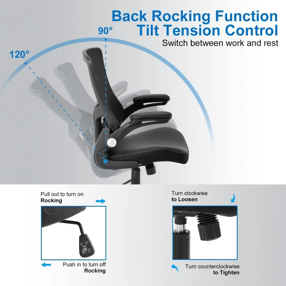 Ergonomic PU Leather Desk Chair with Swivel, Adjustable Lumbar Support and Flip-up Arms for Home Office Use
