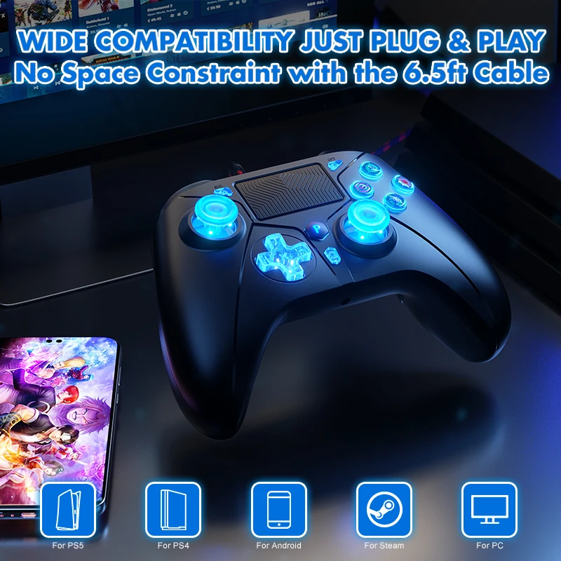 وحدة تحكم P5 RGB لوحدة التحكم PS5/4/PC 2M لوحة ألعاب سلكية طويلة جدًا مع اهتزاز توربو مزدوج لا تأخير توصيل فوري للتحكم في الألعاب