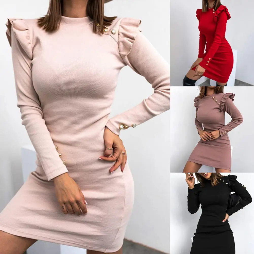 

Women Sweater Dress Solid Color Ruffles Spring Autumn Elegant Slim-fitting Warm Bodycon Dress for Party Women's Clothing