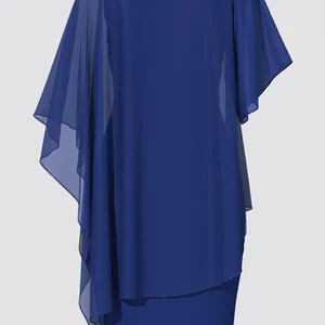 Weiblicher asymmetrischer Chiffon -Umhang, positive Größe, elegante kalte Schulter, Overlay, Monochrom, runder Kragen, Frauenkleider, Sommer 6 Hauptverkäufe mit Overlay - №2