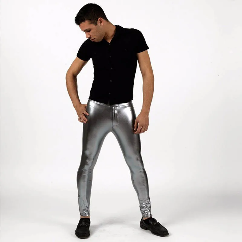 Speerise ผู้ชาย SHINY METALLIC Spandex โฮโลแกรมกางเกงขายาวซิป STAGE Performance กางเกง Skinny Dance กางเกงผู้ใหญ่ความยาวเต็ม GYM