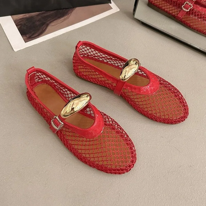 2026 Summer Women's Mary Jane Flat Shoes New Round Toe Fishnet Hollow-Out Ballet Flats Comfortable Outdoor Walking Casual Shoes