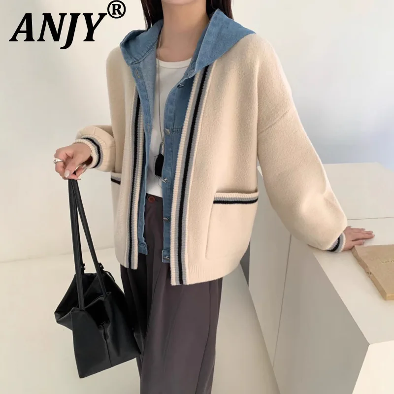 

ANJY Autumn Winter New Women Fashion Fresh Hooded Patchwork Denim Knitted Cardigan Casual Trendy Elegant Sweater Coat Ins A14341
