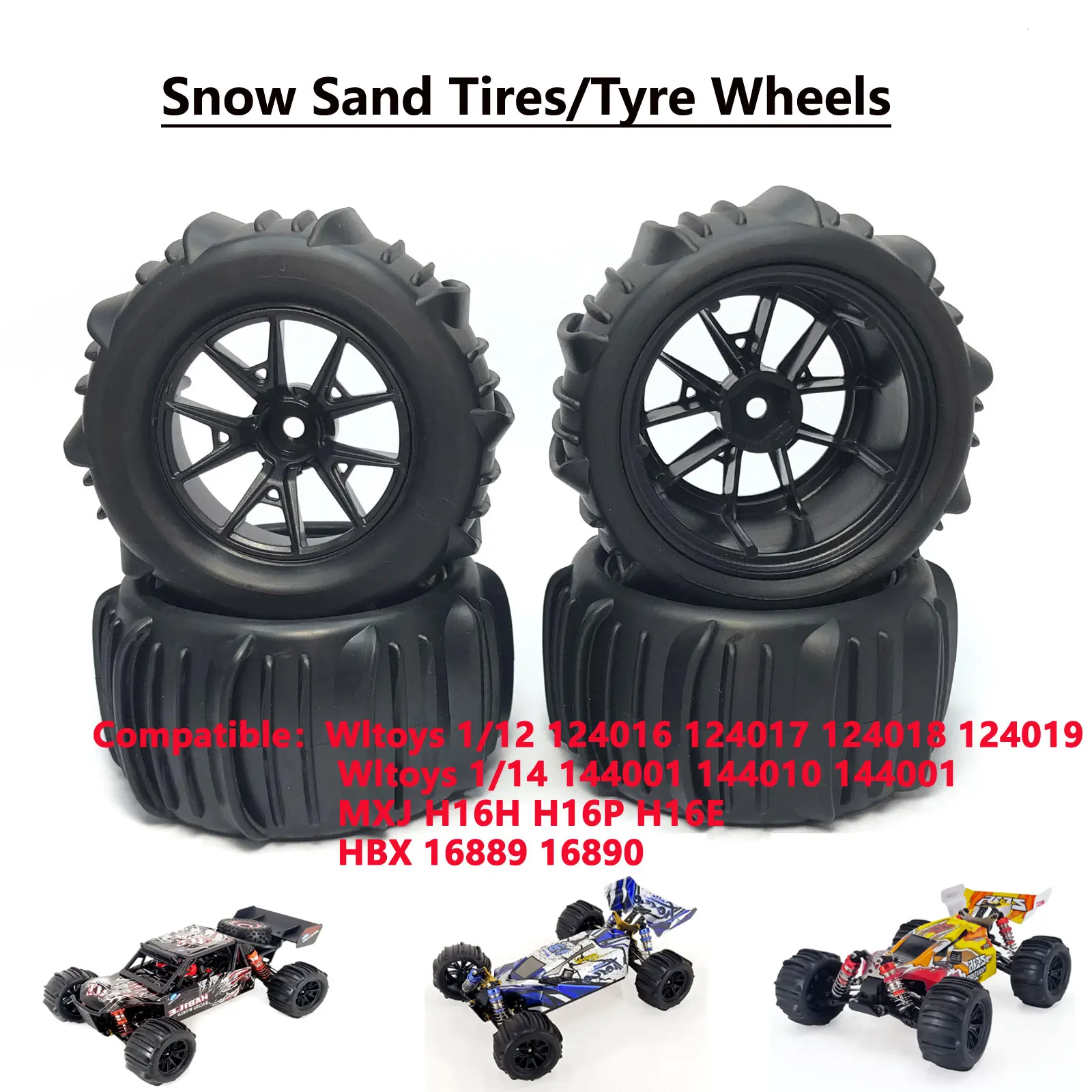 4Pcs Hex Snow Sand Monster Tires Wheel for SCY 16101 16102 144001/124018/124016/124017/H16P/H16E 1/14 1/16 1/18 RC Off-road Car