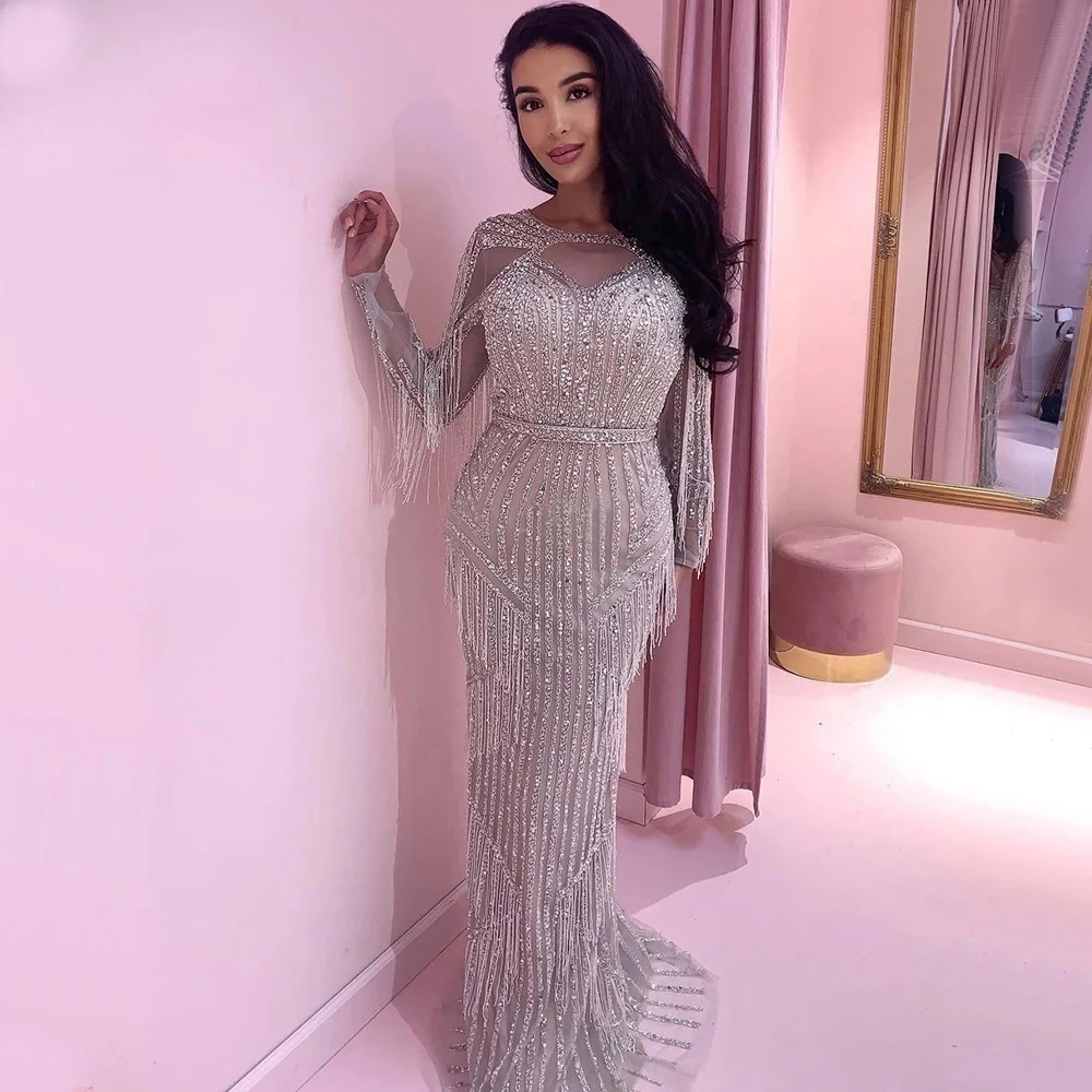 Hot sale Silver Muslim Luxury Evening Dresses Gowns 2023 Mermaid Beaded Tassel Elegant For Woman Party LA71166 With Best Price