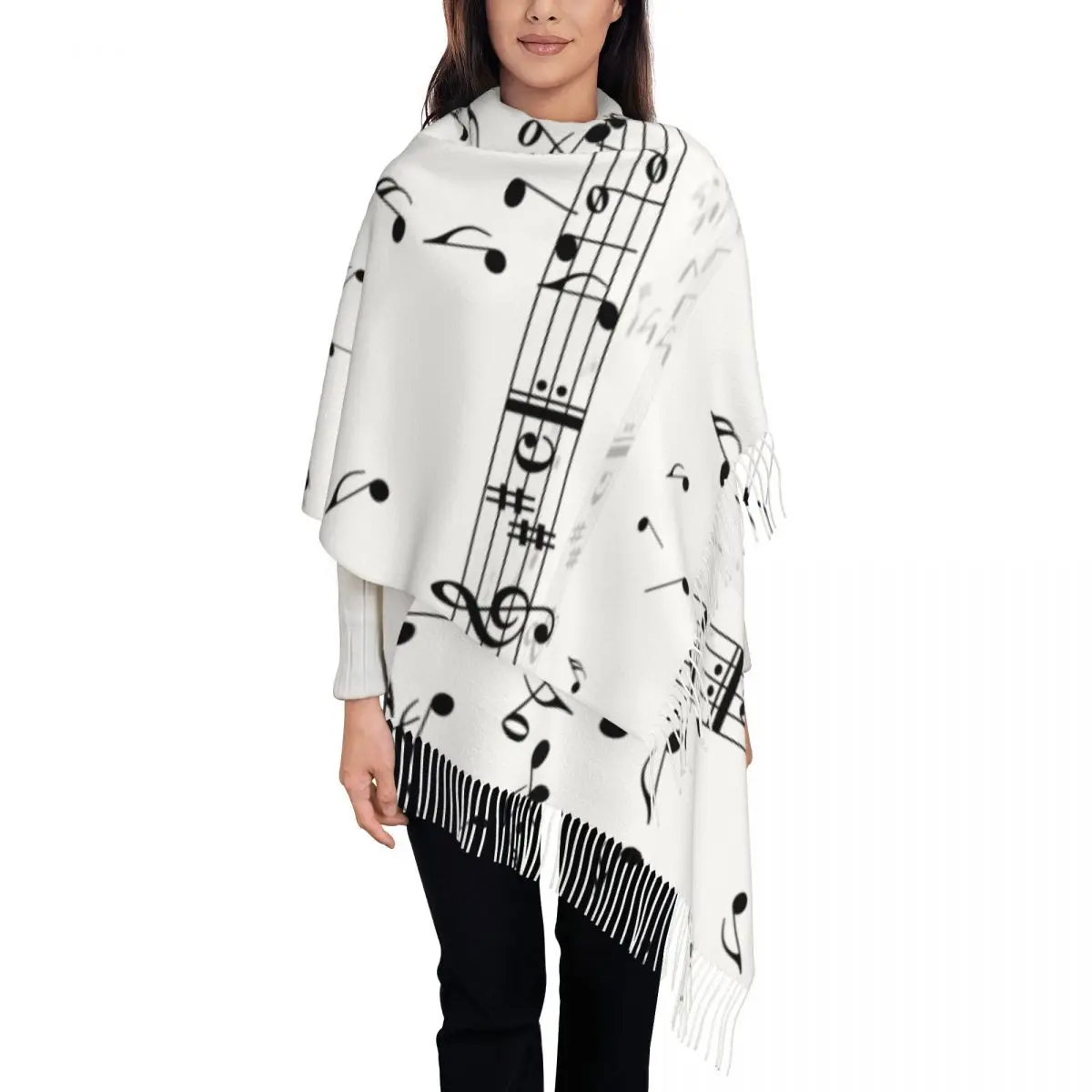 Various Music Notes On White Background Women\'s Tassel Shawl Scarf Fashion Scarf