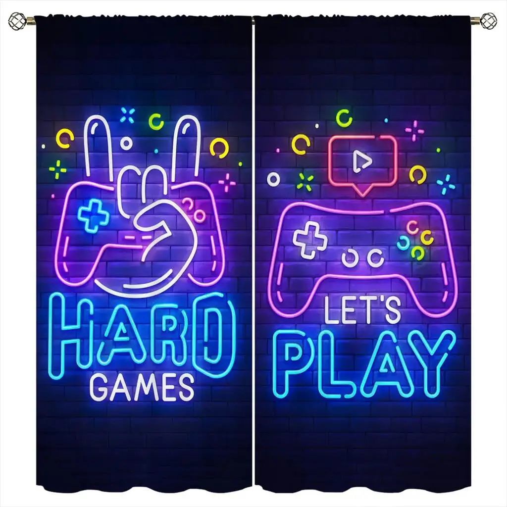 2Pcs Neon Gaming Controller Curtains E-sports Theme Living Room Bedroom Curtains Modern Style Sun Blocking Decorative Drapes