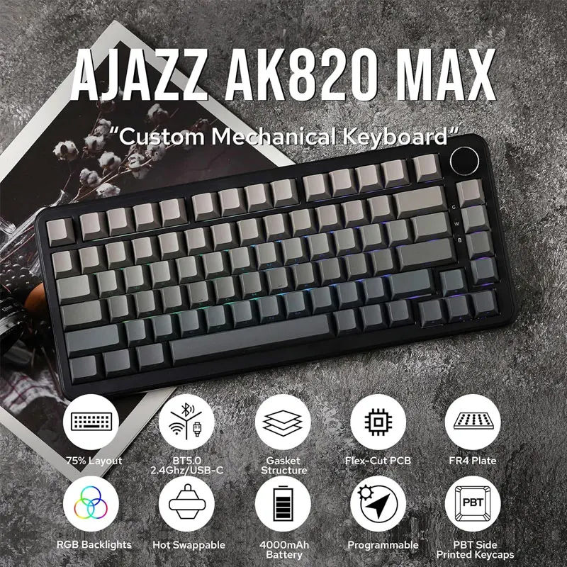 AJAZZ AK820 MAX Mechanical Keyboard Full-Key Hot Swappable BT/2.4G/USB-C Tri-mode Gaming Keyboard With Sea Salt Axis