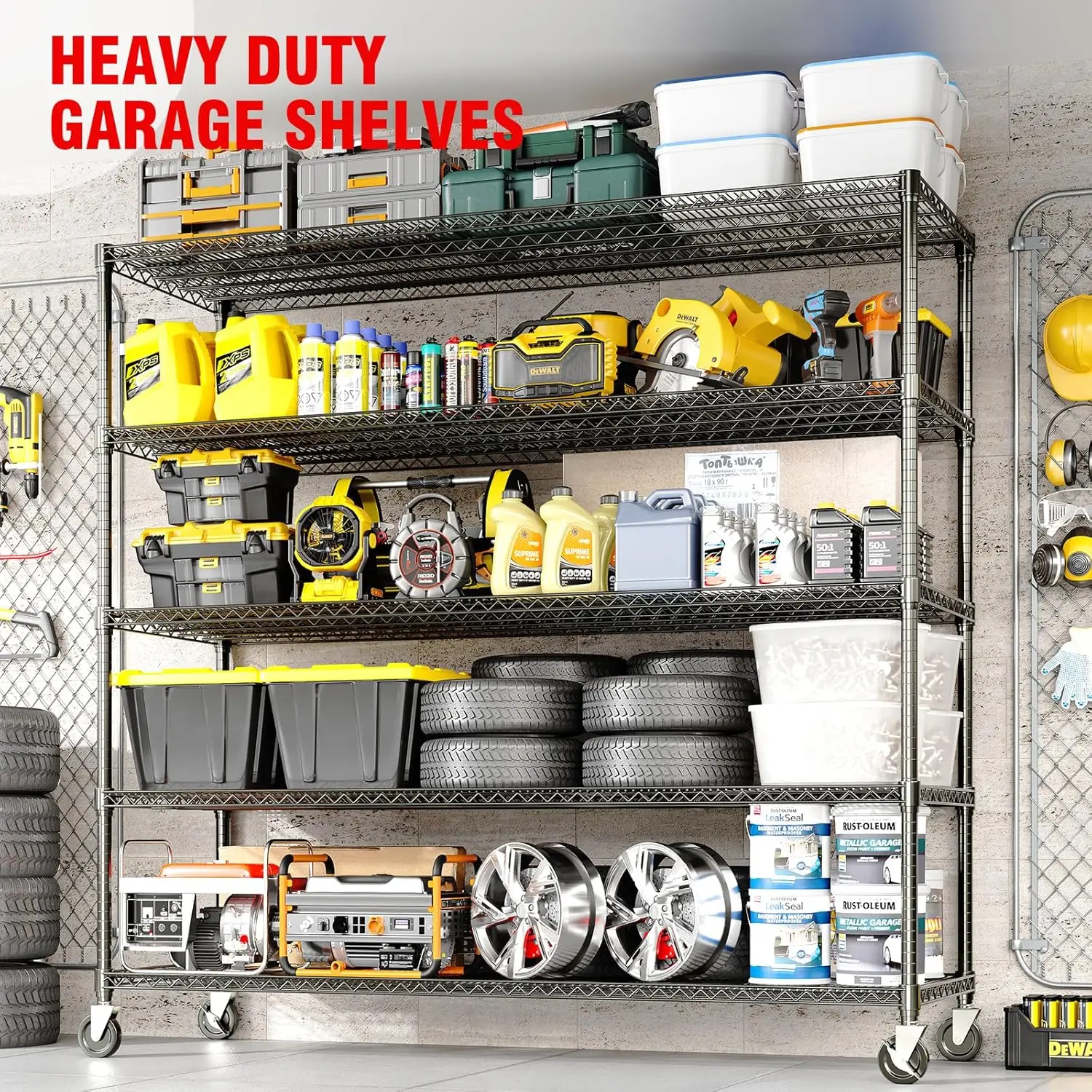 

5-уровневый металлический стеллаж для хранения, грузоподъемность 3300 фунтов, прочная полка-органайзер, регулируемые проволочные полки для гаража