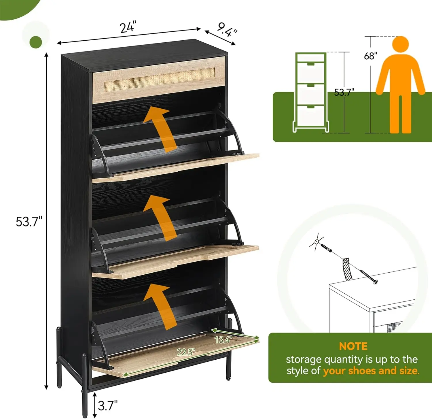 Armário de armazenamento de sapatos de vime GAOMON com 3 portas articuladas e 1 gaveta, rack organizador de sapatos autônomo para entrada, sapato oculto