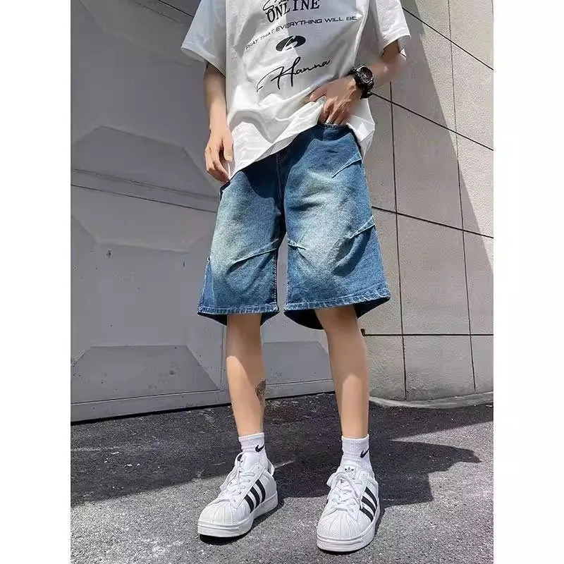 Mens Washed Patch Stitch Loose Wide Leg Denim Five Point Casual Shorts