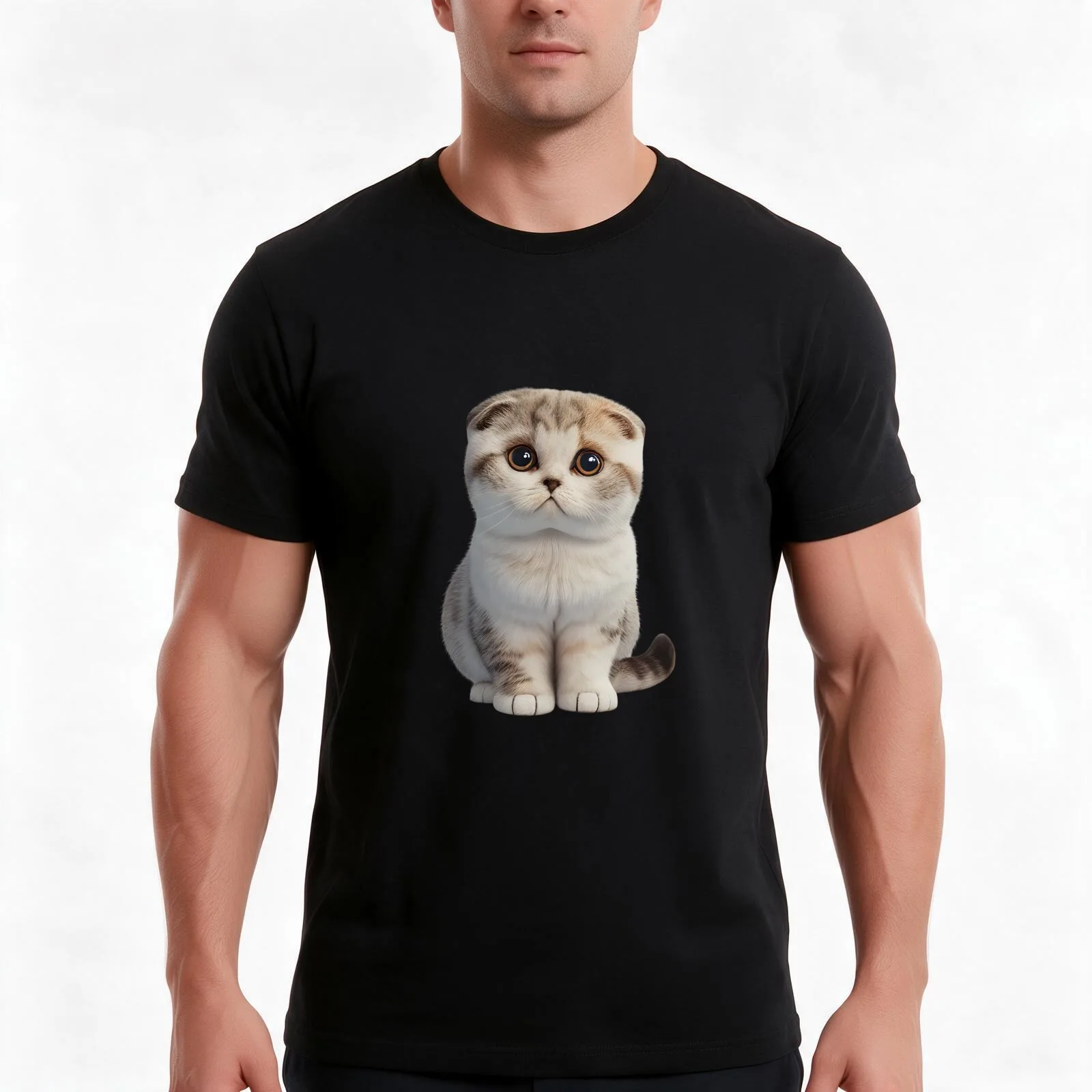 Cute Baby Scottish Fold Cat T-Shirt, Summer Casual Cotton Tee, Oversized Streetwear Tops, Vintage Graphic Print, 100% Cotton