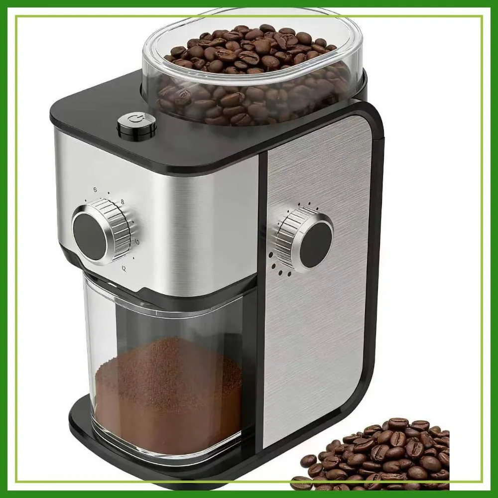 

Flat Burr Coffee Grinder Electric, Adjustable 14 Grind Settings, 2-12 Cups, Compact for Home & Office