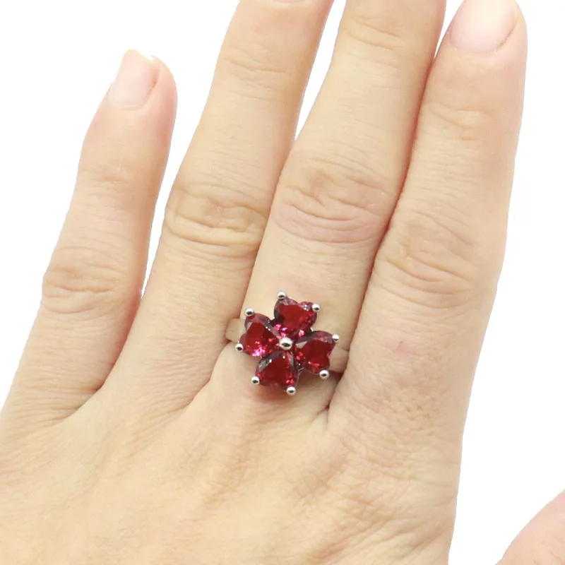 Buy 3 get 1 free 13x13mm Lovely Cute Flowers Shape Pink Raspberry Rhodolite Garnet Daily Wear Silver Rings Wholesale