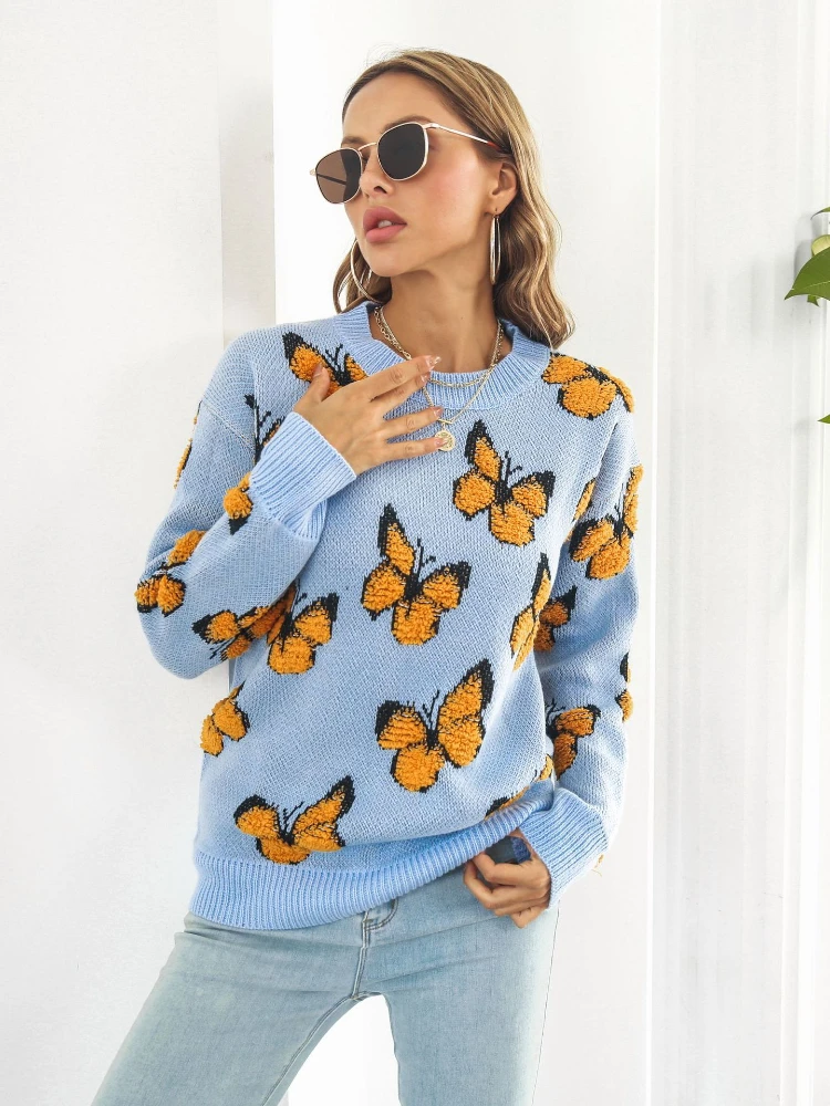 Women\'s Sweaters Fashion 3D Butterfly Pullovers Autumn Winter New In Loose O-Neck Long Sleeve Top Women\'s Knitted Pullover