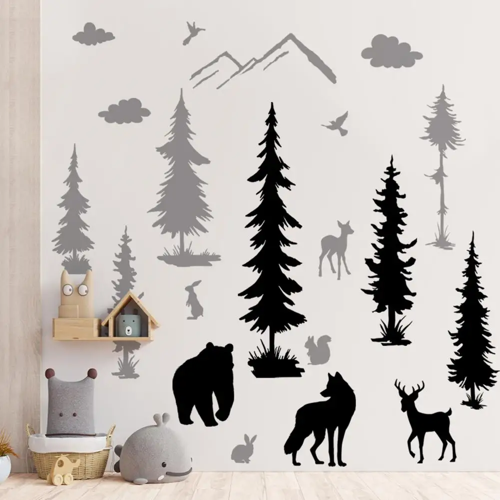 

Durable Forest Print Sticker Nature-themed Wall Decal Forest Wall Sticker Set Black Grey Trees for Bathroom Bedroom Room