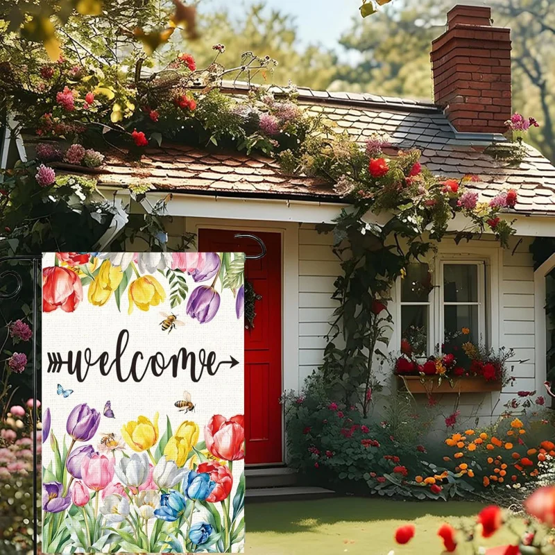 ฤดูใบไม้ผลิฤดูร้อนดอกไม้ยินดีต้อนรับสวนธงทิวลิปยินดีต้อนรับบ้านธงสองด้านฟาร์มเฮาส์ลานธงซีซัน