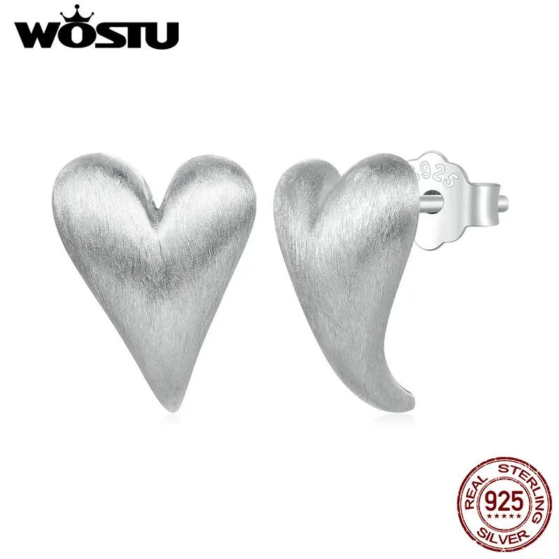 WOSTU 925 Sterling Simple Frosted Texture Heart Stud Earrings For Women Wedding Party Round ear buckles Jewelry Accessories Gift