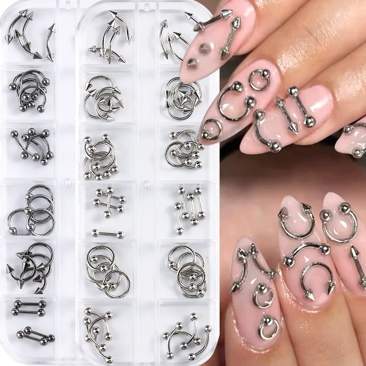Punk-Style Nail Art Accessories, Including Round and Semi-Circular Dark Punk-Style Solid Metal Rings and Alloy Nail Rhinestones.
