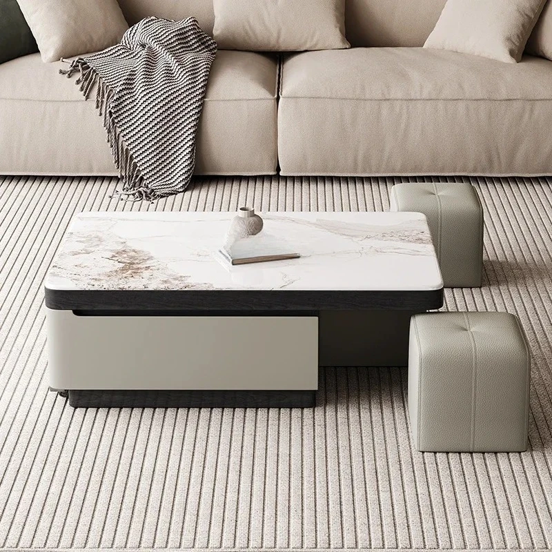 Vintage Style Extendable Coffee Table with Stool for Small Apartments, Italian Minimalist Modern Simple Creative Design
