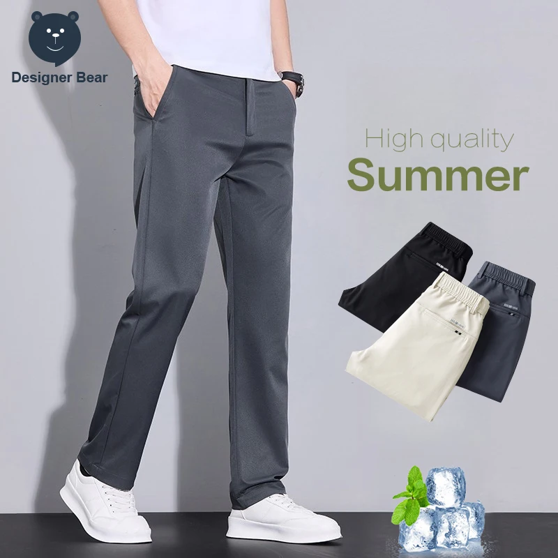 Pantalones Casuales de Verano para Hombre, Marca de Ropa, Tela Twill, Cintura Elástica, Corte Slim Recto, Color Caqui Gris, Pantalones Chino de Trabajo