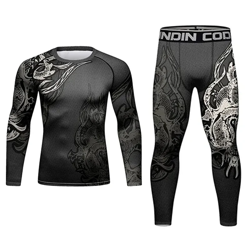 Men Fitness MMA Compression Fight Training T-shirt+Pants Set Sports Boxing T Shirts Wrestling Jiu Jitsu Rashguard Tight Shorts