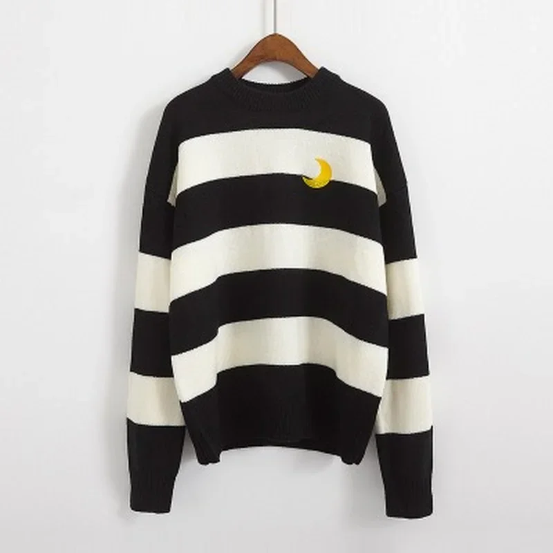 Women College Candy Color Stripes Moon Embroidery Sweaters 2024 Kawaii Sweater Female Harajuku Clothing for Female Lady Ulzzang