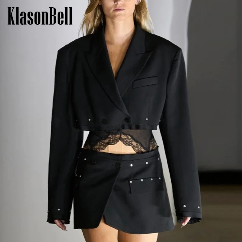 

6.4 KlasonBell Fashion Rivet Hand Frayed Design Suit Shoulder Pad Double Breasted Short Blazer With Split Mini Skirt Set Women