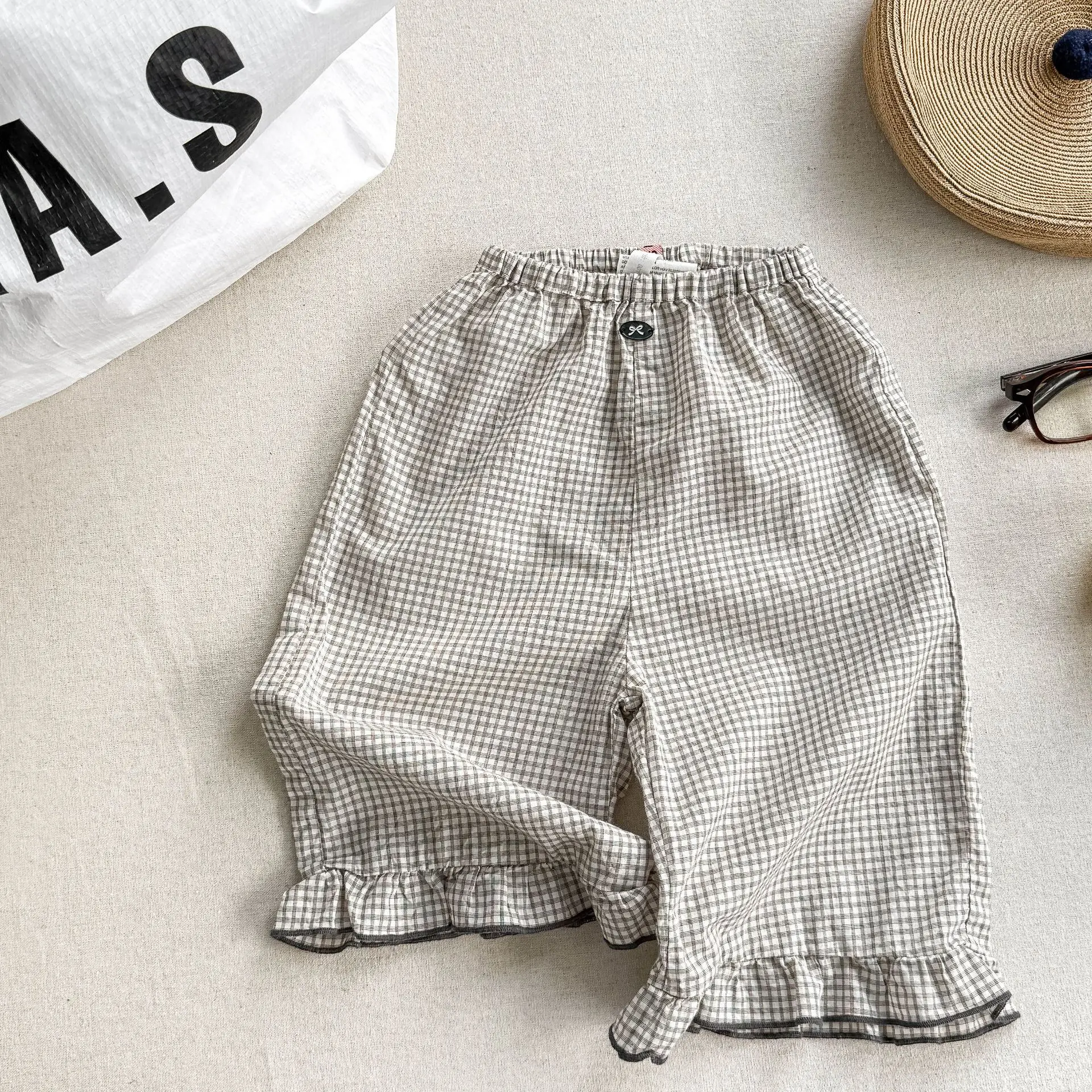 2026 New Summer Baby Girls Plaid Ankle-length Pants Ruffles Thin Korean Style Children Cotton Linen Trousers 2