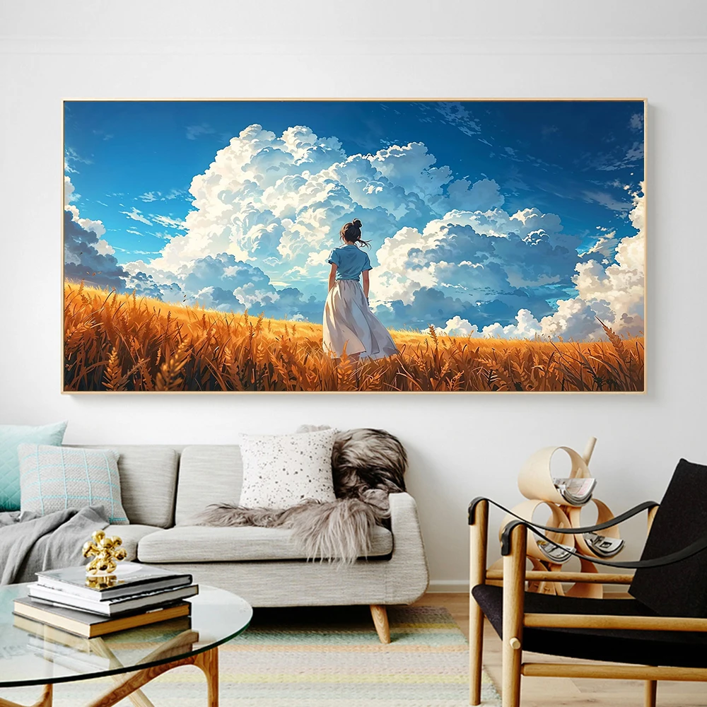 المناظر الطبيعية قماش جدار الفن بحيرة الغابات الجبلية مشهد اللوحة السماء الزرقاء الغيوم البيضاء والمراعي المشارك طباعة ديكور المنزل
