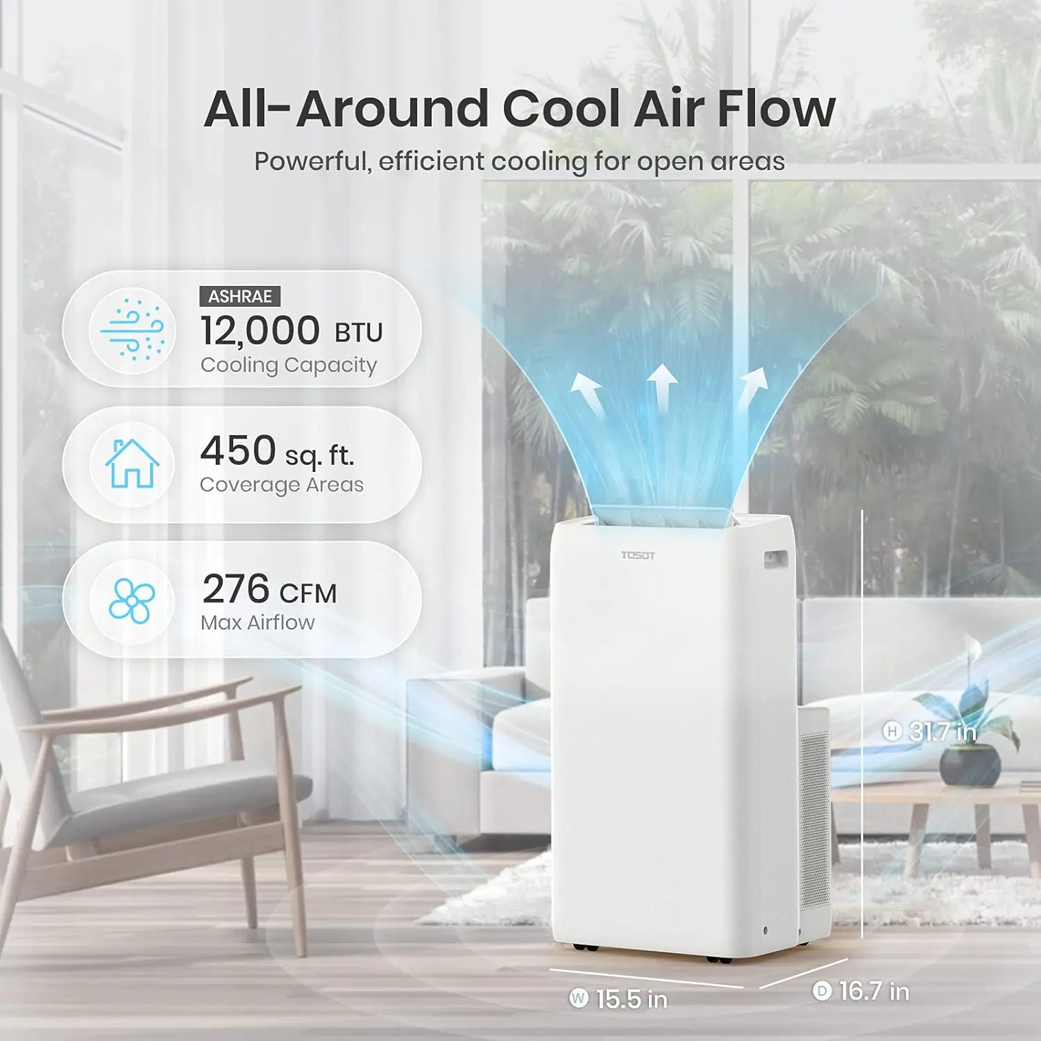 Portable Air Conditioner 12,000 BTU Unit with Swing Function, Remote Control, 3-in-1, Fan, and Dehumidifie