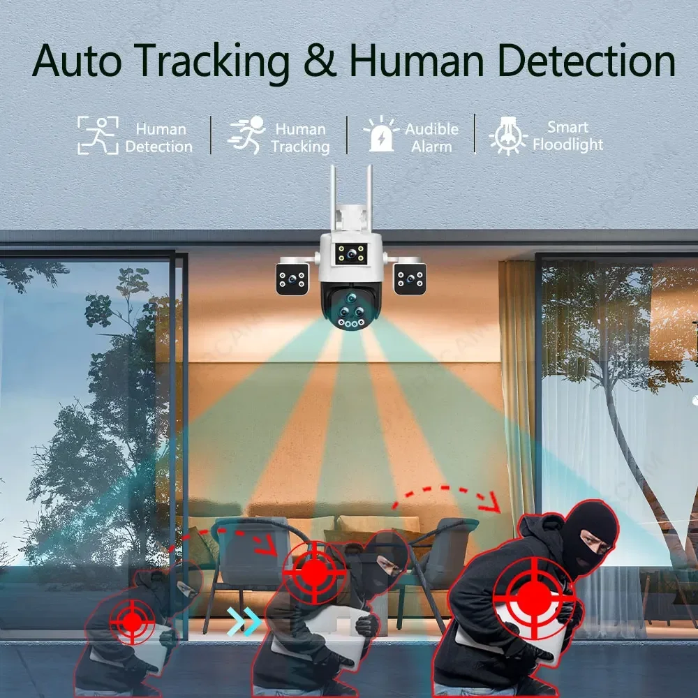 20MP خمسة عدسة واي فاي PTZ IP كاميرا تتبع السيارات في الهواء الطلق 4K 20X التكبير اللاسلكية CCTV كاميرا مراقبة فيديو اللون للرؤية الليلية