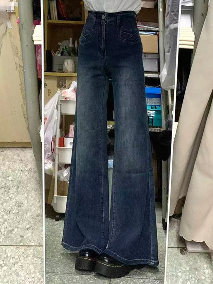 

Джинсы-колокольчики больших размеров, женские повседневные свободные брюки с высокой талией и прямыми штанинами для грушевого тела, весна-осень, синие