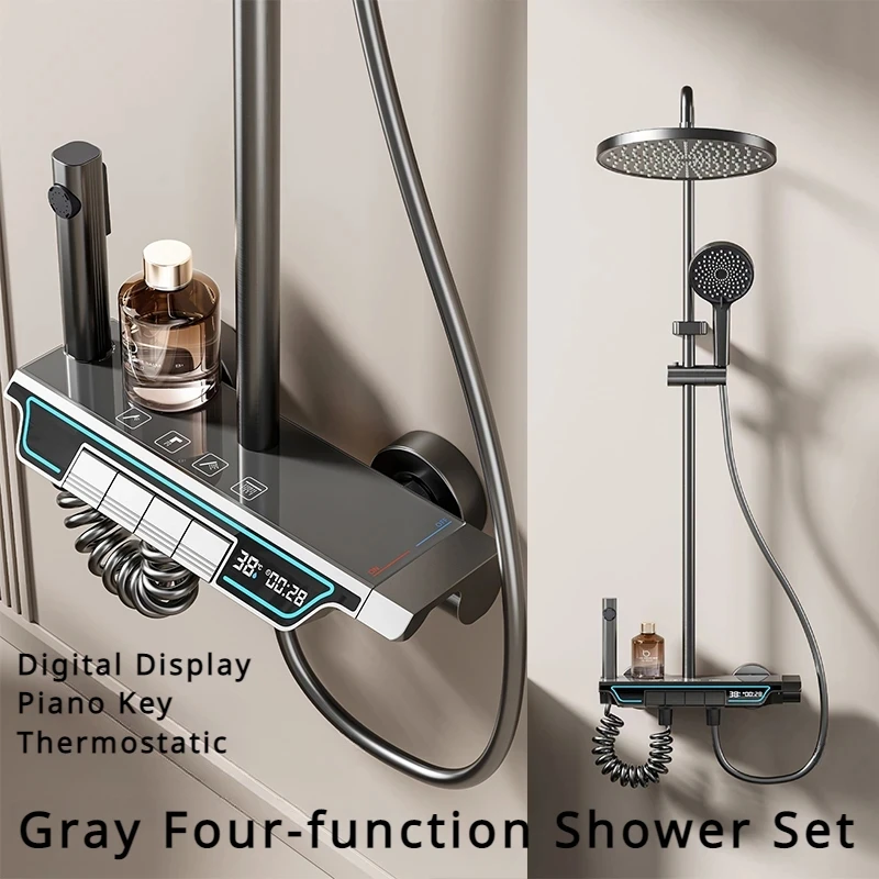 Bathroom Shower Faucet Set Hot Or Cold Shower System Space Aluminum Wall-mounted Digital Display Piano Functions Shower Sets