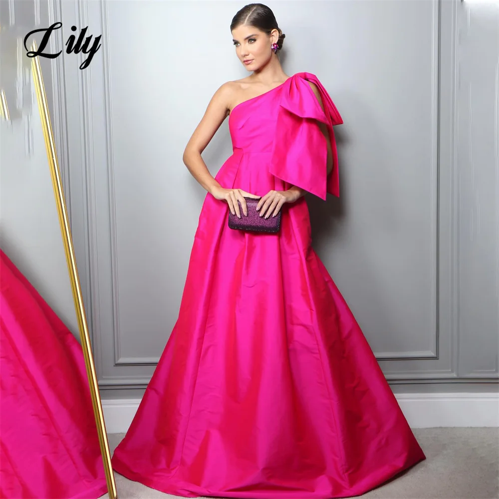 Lily Fuchsia A Line Prom Dress One Shoulder Party Dresses Stain Celebrity Gowns with Bow Wedding Party Dress вечерние платья