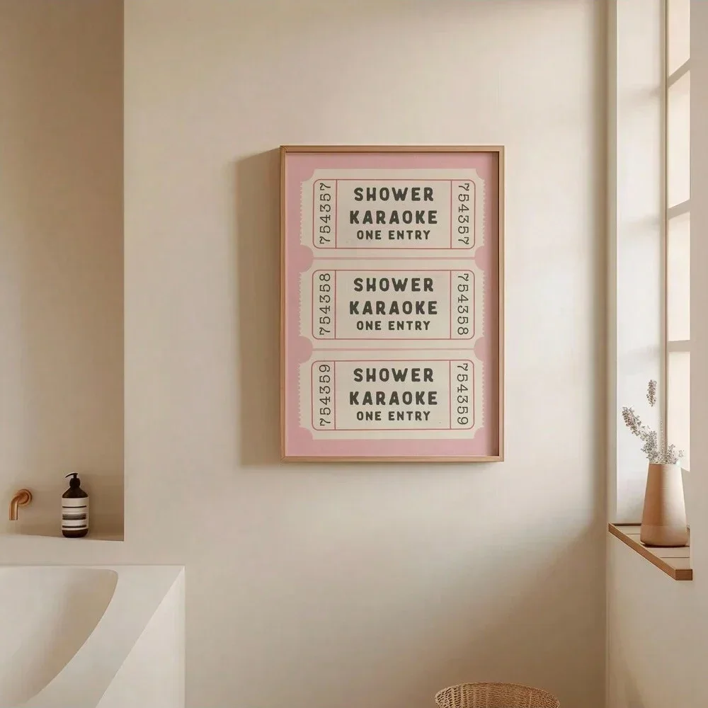 1PCS Unframed Shower Karaoke Ticket Posters Print Bathroom Canvas Painting Retro Pink Shower Funny Wall Art Home Decoration