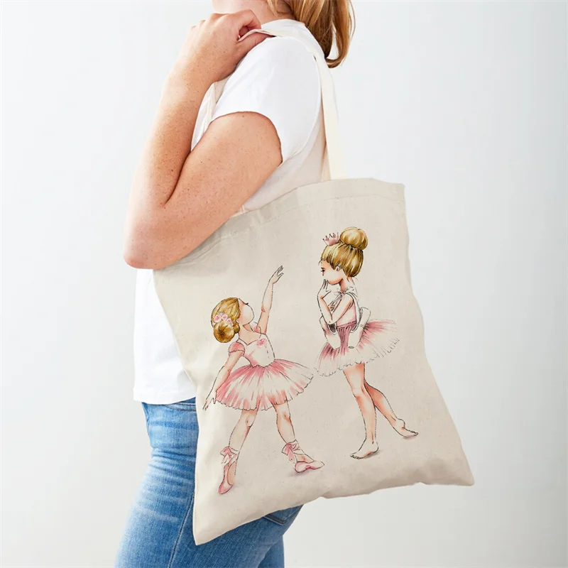Bolso de hombro con estampado de chica de Ballet de dibujos animados, bolso de mano informal ecológico para mujer, bonito bolso de compras para supermercado, bolsos de lona