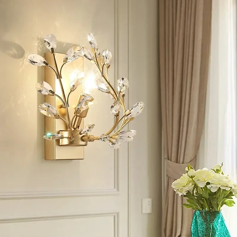 Nordic Modern Luxury Crystal Chandelier Bedroom Restaurant Chandelier Wall LampCrystal Leaf Decorative LED Chandelier
