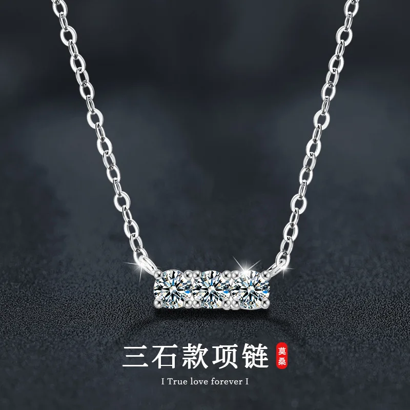 

Moissanite925Sterling Silver Light Luxury High-end Simple Korean Style Three-stone PendantinsChoker Necklace Jewelry