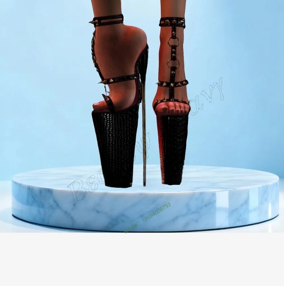 

Black Metal Heel 30cm Rivet Decor Platform Sandals Punk Style Round Toe Thin High Shoes Women Shoes New Zapatos Para Mujere