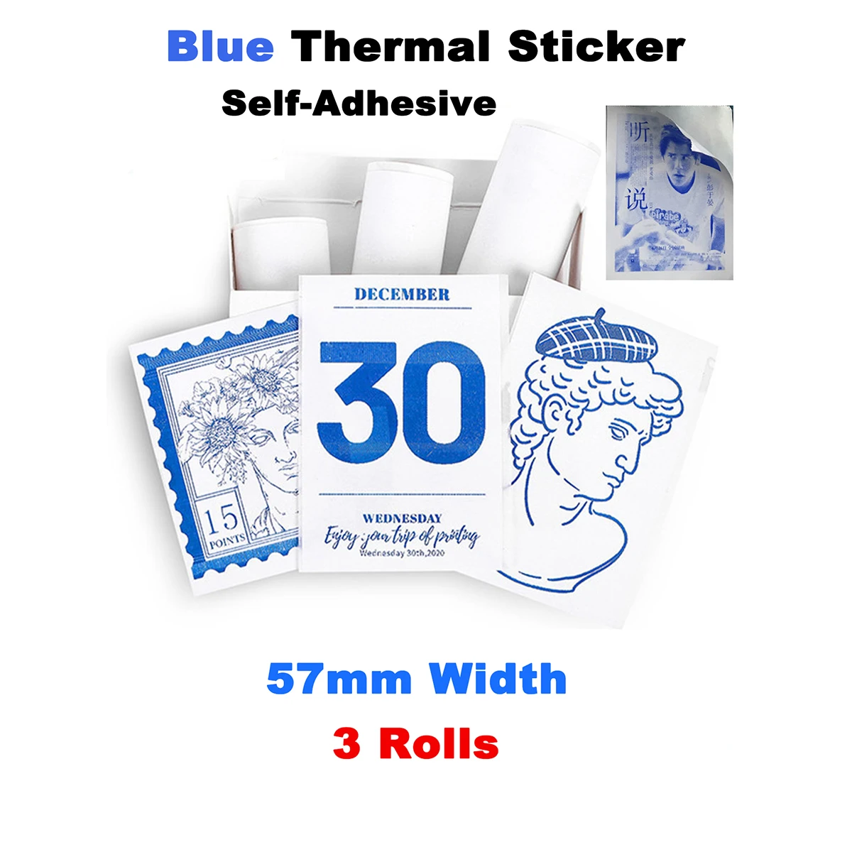 Papel térmico azul sobre blanco, papel blanco con estampado azul complicado, 3 rollos de papel térmico de 57mm para impresora de bolsillo, textos fotográficos, notas de estudio