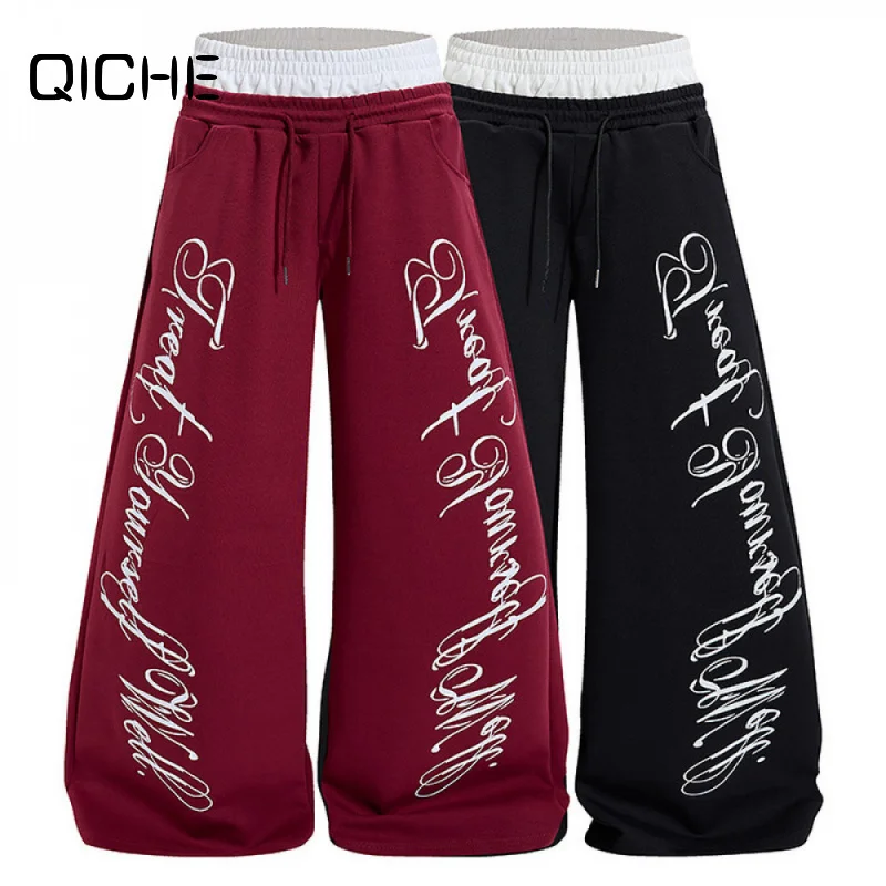 QICHE 2026 Unisex Wine Red & White Double Waist Wide Leg Sweatpants, Side Cursive Letter Loose Draped Floor-length Hip Hop Pants