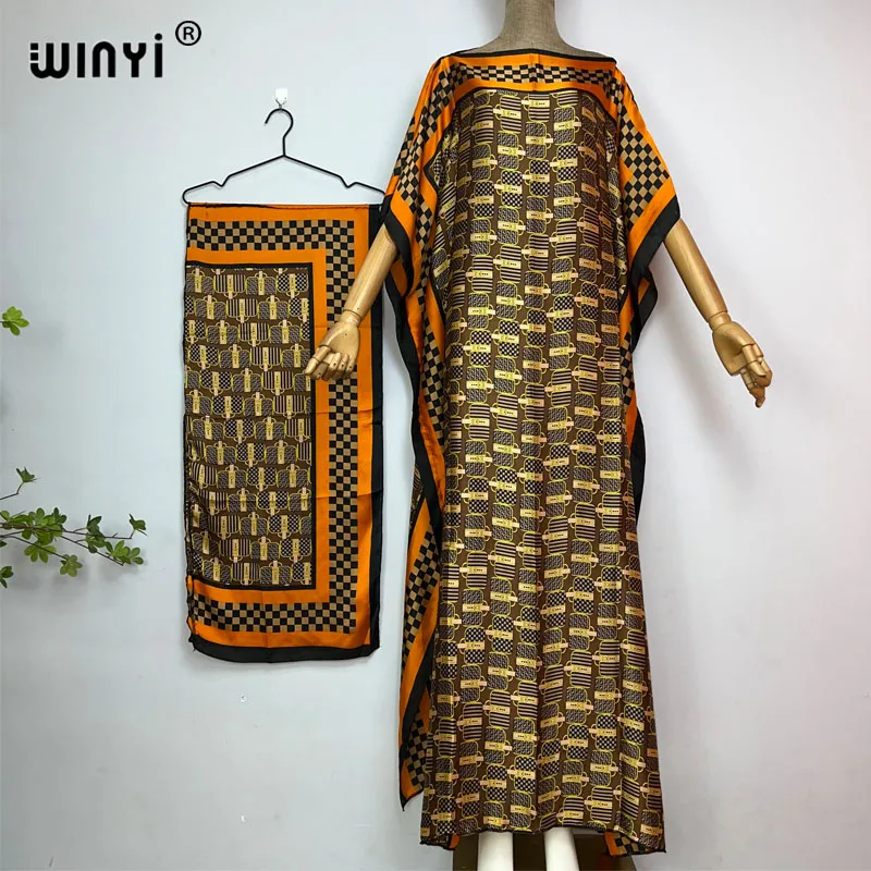 WINYI New Style Silk loose African Women Clothing Dubai Muslim Dashiki kaftan Retro print Design With Scarf Loose beach dress