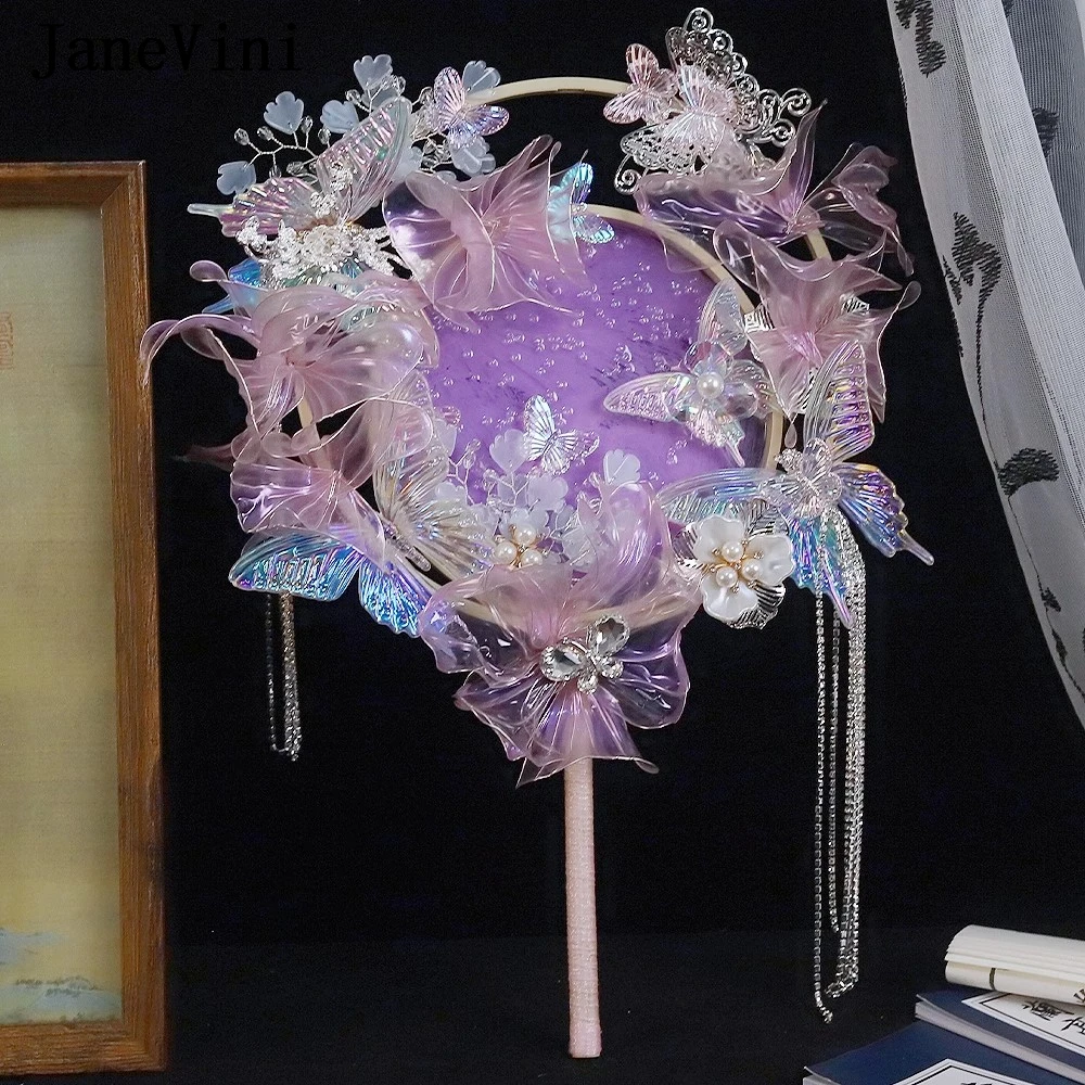 JaneVini Romantic Purple Butterfly Wedding Fan for Bride Hanfu Accessories Crystal Rhinestone Tassel Bridal Fan Flowers Bouquets