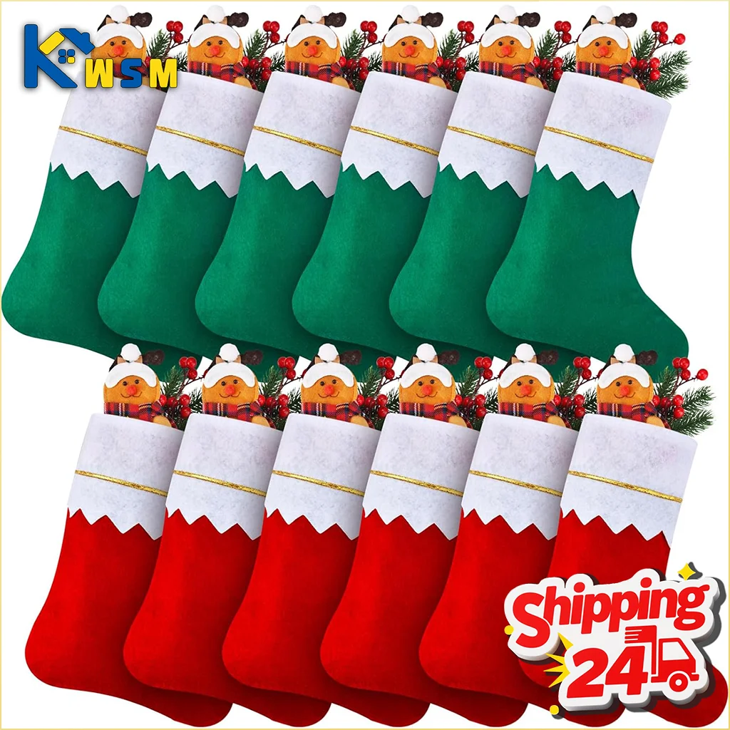 Medias navideñas con adornos dorados de doble cara, bolsas colgantes de terciopelo rojo, adornos de árbol de Navidad, decoraciones festivas para fiestas en casa y vacaciones