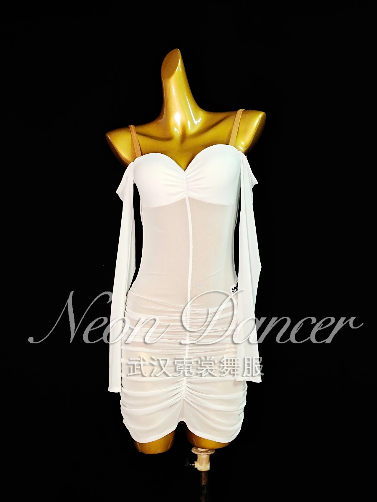 

Neondancer New Professional Women's Latin Dance Clothing White Mesh Suspender Long-Sleeved Dress Large Backless Training Clothing